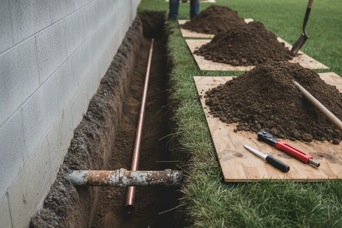 Excavated water line trench during Water Softener Installation in Cold Spring Harbor